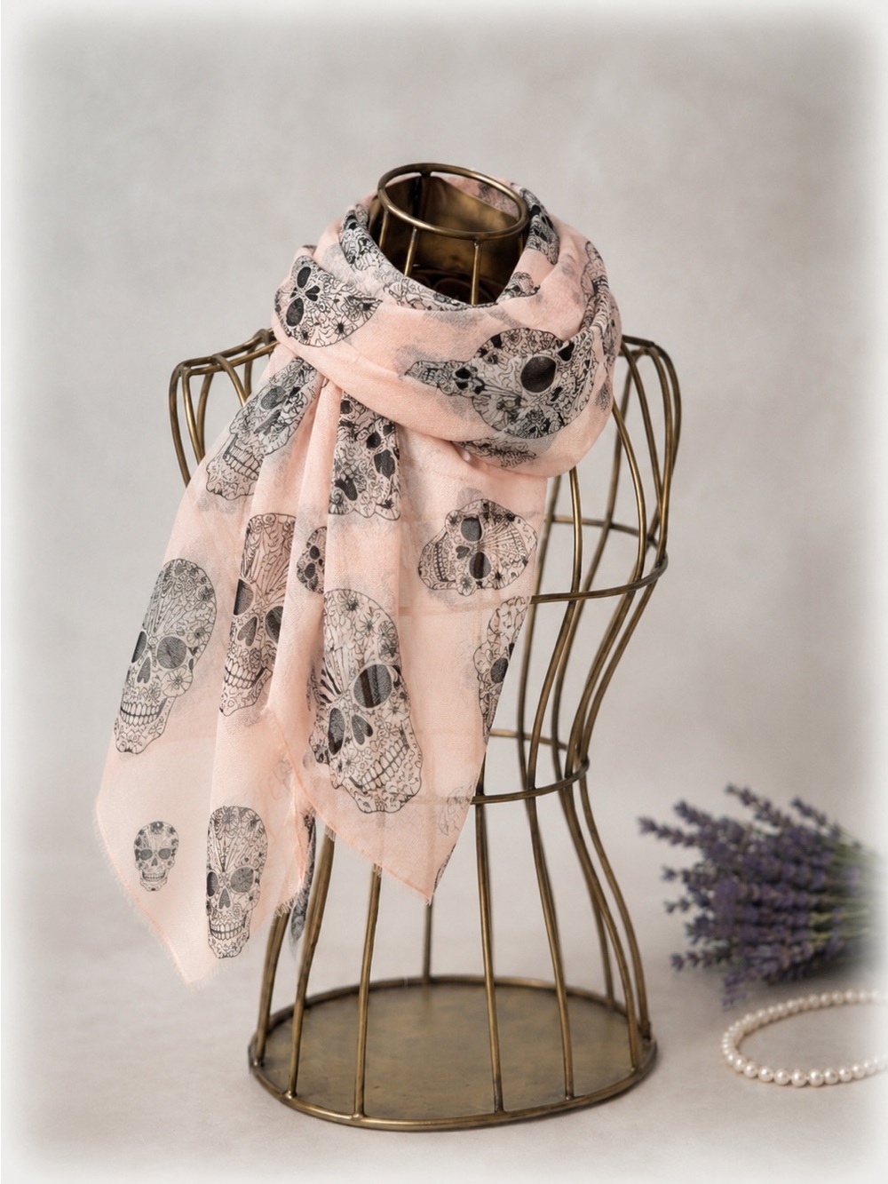 Peach & Black Sugar Skull Print Lightweight Scarf – Gothic Chic